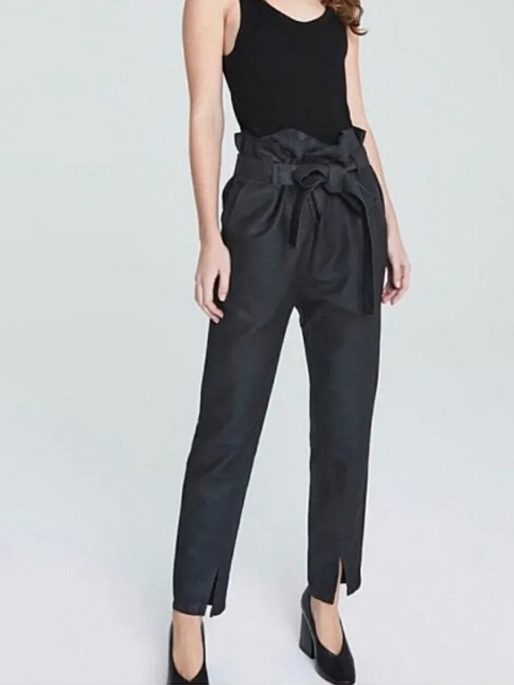 AG Adriano Goldschmied Gerren Black Cotton Paperbag Belted Pants Size Medium